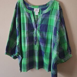 Plus Size 4X Cotton Puff Sleeve Green and Blue Plaid Blouse By Denim Moves